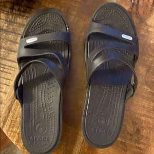 Crocs black wedge sandals, size 8